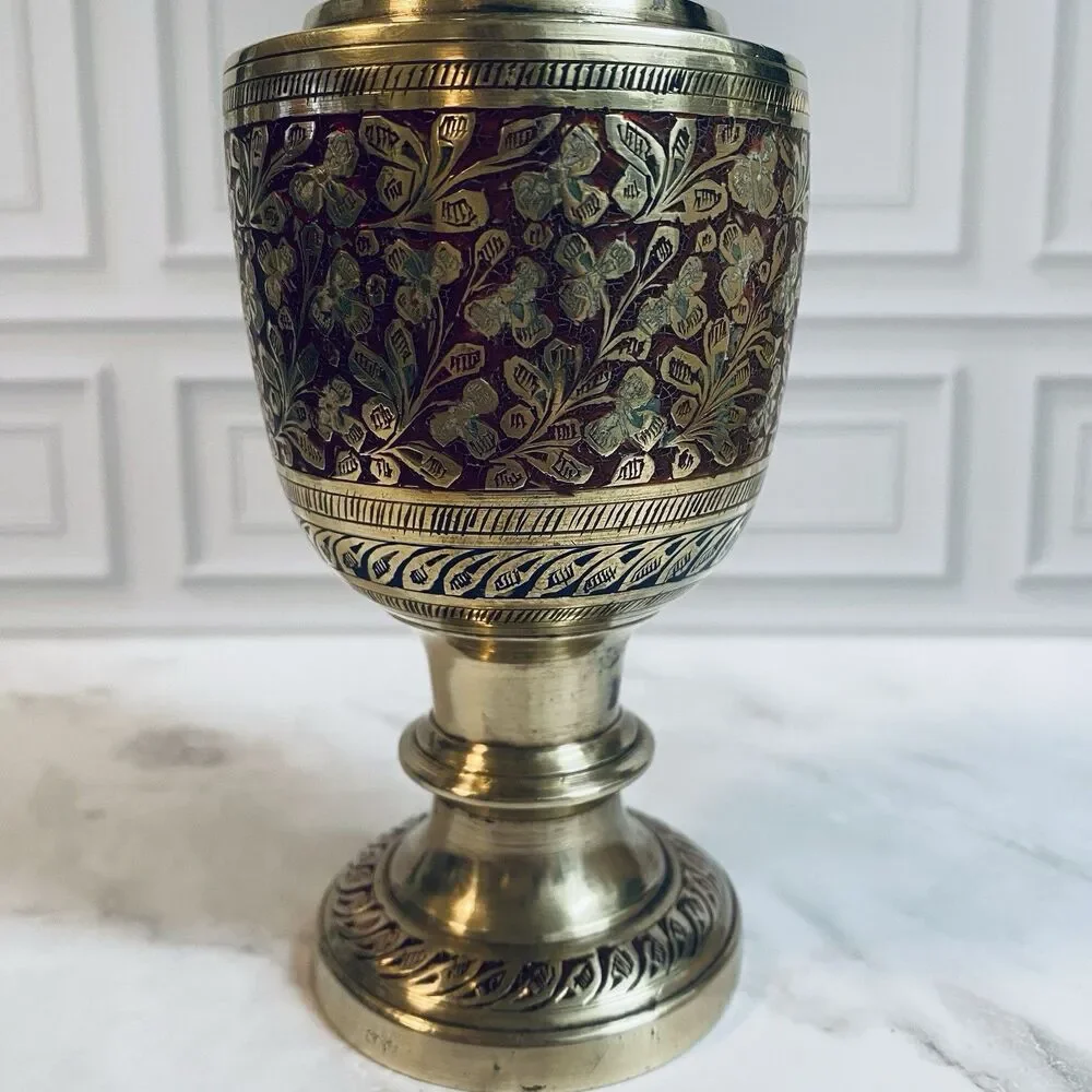 Vintage Brass Pedestal Etched Floral Footed Vase 7”